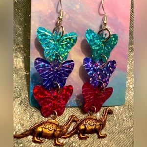 🦋🦖 Butterfly dinosaur earrings holographic iridescent